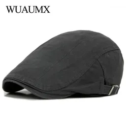 Berets Wuaumx Casual Beret Hats Men Women Solid Forward Cap Washed Cotton Spring Summer Flat Peaked Caps Painter Visor Adult