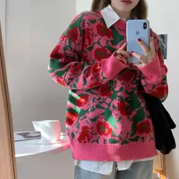 Women's Sweaters Floral Pattern Knitting Sweater Lazy O-neck Loose Jacquard Outerwear Long Sleeve Top Thick Coat Female Pullover
