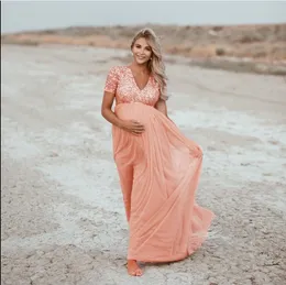 #57 ubrania ciążowe z krótkim rękawem kobiety w ciąży fotografia ciążowa rekwizyty cekinowa jednolita sukienka Vestido Boho Embarazo