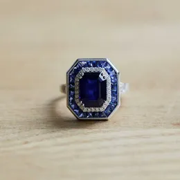 Cluster Rings 1pc Art Deco Vintage Style Blue Sapphire Gems 925 Silver justerbar öppen ädelsten bröllopsring fina smycken för män tillbehör G230228