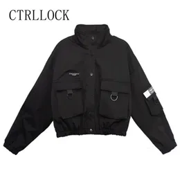 Kvinnors jackor ctrllock Techwear Women Black Stand Collar Jacket Casual Long Sleeve Pocket Female Outerwear Hiphop Fashion 230301