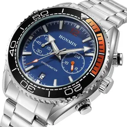 손목 시계 Honmin Watches Luxury Mens 2023 스테인리스 스틸 밴드 블루와 블랙 비즈니스 스포츠 캐주얼 쿼츠 시계 남자 선물