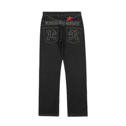 Men's Jeans 2022 Chic Star Letter Embroidery Black Hip Hop Men Straight Trousers Streetwear Male Baggy Denim Pants New Fashion Spodnie Y2303