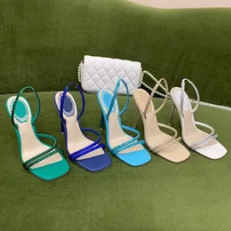 Rene Caovilla Margot Strass New Stiletto Heel Sandals Square Toe Crystal Heel Evening Shoes Women High Heeled Luxury Designers Ankle