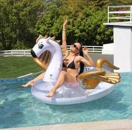 Sommar uppblåsbar Pegasus float Swim Ride-On Pool Beach Unicorn Seat Ring Toys Water Party Swimming Floats Raft Air Madrass Giant Rainbow Horse