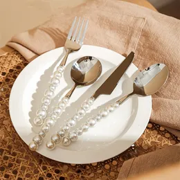 Dinware sets 4 stcs Europe Silver Fashion Pearl Cutlery Set 1810 roestvrijstalen creativiteit Gift Flatare 304 Knife Vork Lepel Druppel 230301