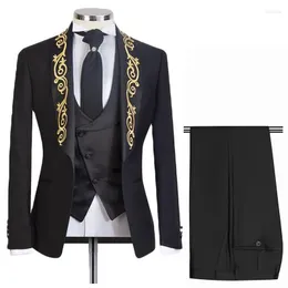 Men's Suits Men Set For With Gold Embroidery Shawl Lapel Slim Fit Wedding Prom Par Groom Tuxedo 3 Piece Jacket Vest Pants Suit