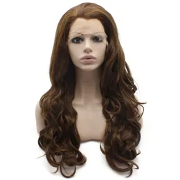 26" Extra Long Highlight Brown Wavy Heat Safe Synthetic Hair Wig High Quality 150% Density Front Lace Wavy Wig