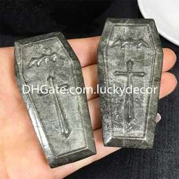 Natural Pyrite Stone Coffin Figurin Crystal Carving Gift Small Healing Fool's Gold Crystal Gemstone Christian Cross Coffin Sculpture Collection Home Decoration