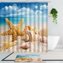 Занавески для душа солнечные пляжные звезда Shell Shell Blue Ocean Landscape Decorative Sharevative Set Set без скольжения коврик для ванны коврик