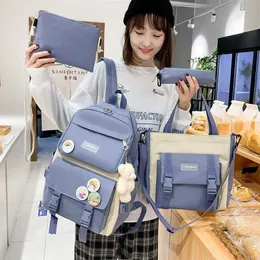 2023 Kvinnor Laptop Ryggsäck 4 PCS Set Harajuku Canvas School Väskor för tonårsflickor Kawaii College Student Kids Book Bag Rucksack 230223