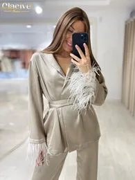 Womens Two Piece Pants Clacive Causal Loose Home Suit Autumn Fashion Khaki Satin Wide Set Elegant Long Sleeve LaceUp Robes 230228