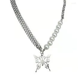 Anhänger Halsketten Aluminium Kette Edelstahl Simulierte Perlen Punk Schmetterling Für Frauen Männer Coole Metall Match Halskette