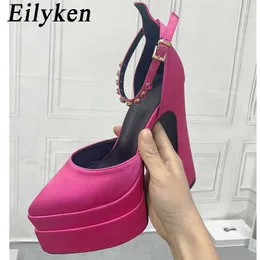 Klänningskor Eilyeken Ny satin chunky plattform Kvinnor pumpar Summer Crystal Buckle Strap High Heels Female Runway Party Prom Shoesl230227