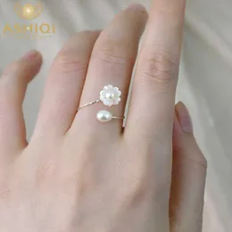 Кластерные кольца Ashiqi Natural Freshwater Pearl 925 Серебряное кольцо стерлингового кольца Fashion Shell Женщины Новый подарок G230228