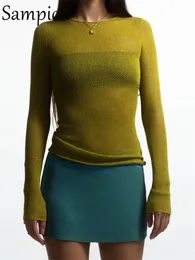 サンピックニットカジュアルブラウン女性長袖サマービーチY2K Tシャツトップホローセクシーなパーティー衣装基本的なTEESクロップ230301