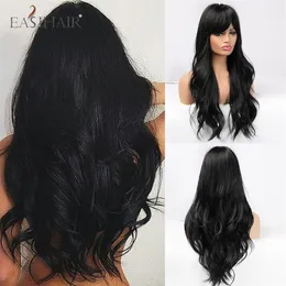 Perucas sintéticas Easihair Long Black Cosplay Wave com franja completa para mulheres negras brancas Brasileiras Americanas Natural Hair334g