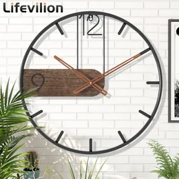 Wall Clocks Iron Wall Clock Big Size 3D Nordic Metal Round Large Wall Watch Walnut Pionter Modern Clocks Decoration for Home Living Room 230301