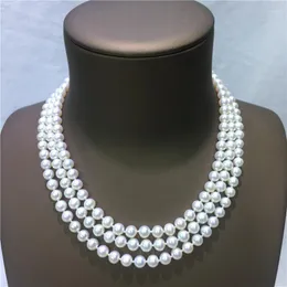 Chains Women's Pearl Three Strand Necklace 8-9m White Round Jewelry Sterling Sliver Clasp Wedding Girls