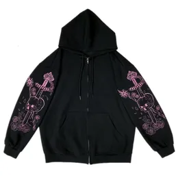 Womens Hoodies Sweatshirts Punk Graphic Print Zipper Ribbon Hooded Hoodie Vintage Black Oversize Coat Sweatshirt 90s Streetwear Clothes Jacket TOP 230301