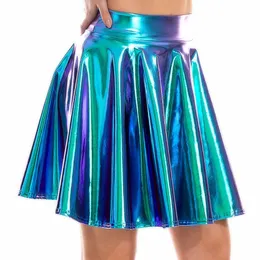Saias verão Sexy a laser de alta cintura mini pu de camisa de couro club de festa de dança brilhante saias holográficas harajuku jk saias plissadas metálicas 230301