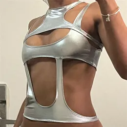 Kadın Atletleri Metalik Gümüş Kesim Dar Crop Top Y2k Streetwear Cyber Core İçi Boş Tank Tops Seksi