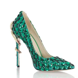 Designer-Grüne Strass-Schlangenabsatz-Kleidschuhe für Damen, einzigartiges echtes Leder, spitze Zehen-High-Heels-Pumps, Chaussures Femme, weddin291W