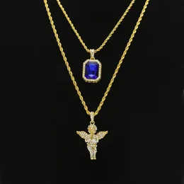 Gioielli hip hop da uomo set mini saccheggiatrice quadrata sapphire full cristal diamond angel ali collane a catena in oro per l'hiphop maschile 209j