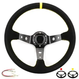 14inch 350mm OMP Deep Corn Drifting OP Steering Wheel Racing Suede Leather Slip-Resistant Steering Wheel Red Yellow Line With logo328a