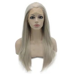 24" Long Silky Straight Gray Wig Heat Friendly Synthetic Lace Front Fashion Grey Wig Natural