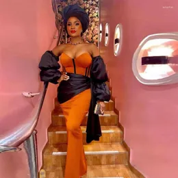 Party Jurken Aso Ebi Oranje Elegante Zeemeermin Avond Sweetheart Puffy Lange Mouwen Plus Size Vrouwen Formele Prom Jassen Custom Made