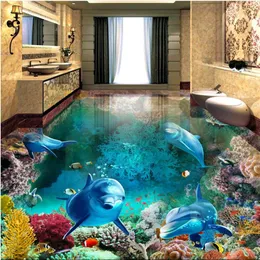 3D PVC -Bodenbeläge Custom Po wasserdichtes Boden Wandaufkleber Blau Ozean Welt Delphin Coral Home Decor Wohnzimmer Tapete für Wal178f