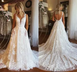 Sexy Lace Backless Wedding Dresses With Pocket A Line V Neck Appliques Tulle Summer Boho Bridal Gowns Custom Made Plus Size BC15302