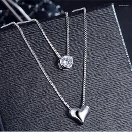 سلاسل 925 Sterling Silver Necklace Double Layer Chain Zircon Heart Strendants for Women Kolye Choker