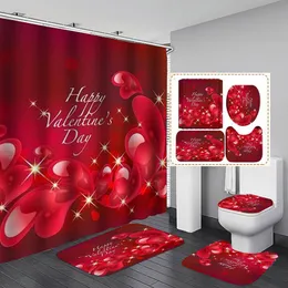 Shower Curtains Valentine's Day Bathroom Curtain Rose Petal Love Bath Sets Toilet Cover Mat Non-Slip Rug Set Products