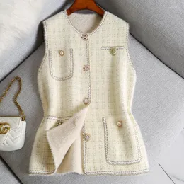 Women's Vests Chic Elegant Mink Cashmere Vest Jacket Women Vintage Sleeveless Single Breasted Sweater Waistcoat Fashion Casual Outwear J148