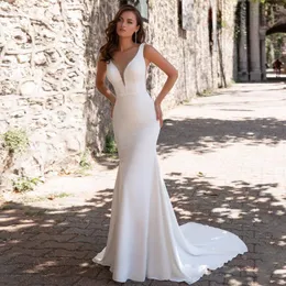 Bröllopsklänning andra klänningar hals pärlor för kvinnor 2023 ärmlös smal sirena brudklänning med knapp Vestido de noivavestid noviao