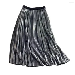 Skirts 2023 Women High Waist Metallic Glitter Long Night Club Street Vintage Pleated A-line Maxi Midi Party Swing Skirt