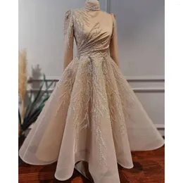 Party Dresses Champagne Elegant Prom Long Sleeves High Neck Sequins Ball Gown Muslim Women Homecoming Gowns Plus Size Custom