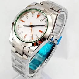 손목 시계 40mm 멸균 남자 시계 실버 케이스 사파이어 유리 흰색 다이얼 빛나는 자동 기계적 시계