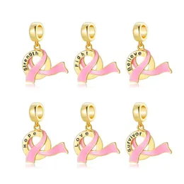 Charms Top Quality Pink Ribbon Lucky Pendants Beads Symbol Hope Believe Love Golden Fit Original European Bracelet DIY Jewelry