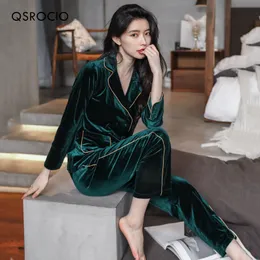 여성 잠자기 QSROCIO 고품질 잠옷 세트 황금 벨벳 럭셔리 스타일 홈웨어 V Neck Wear Casual Pajamas Femme 230228