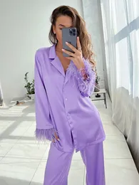 Kvinnor Sleepwear Hiloc Feathers Satin Pyjamas for Women sets Lapel Splice Suit SingleBreasted Nightwear Winter Fashion 230228