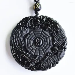 Hänge halsband naturliga svart obsidian hand snidade kinesiska draken phoenix bagua lycklig amulet gratis halsband mode fina smycken