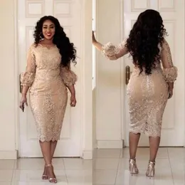 African Champagne Plus Size Mother of the Bride Dresses Lace Applique 3 4 Sleeves Tea Length Wedding Guest Gowns Formal Evening Dr275N