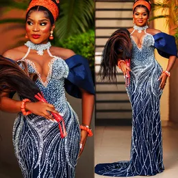 2023 ASO ASO EBI Navy Blue Prom Dresses Mermaid Crystals Evening Party Party Second Second Displant Condragement Dression Zj304