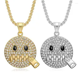 Hänge halsband hiphop bling isad ut solid rainles stål blixtlås stänga ansiktet runt hängen för män rappar smycken droppe