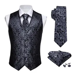 Men's Vests Designer Mens Classic Black Paisley Jacquard Folral Silk Waistcoat Handkerchief Tie Vest Suit Pocket Square Set Barry.Wang
