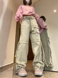Kvinnors jeans hög midja last Y2K baggy staplade byxor overaller för grunge vintage med fickan rippad 230301