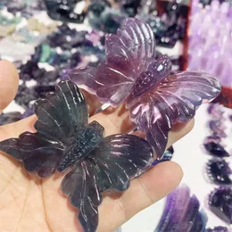 Decorative Figurines Natural Crystal Carving Purple Fluorite Butterfly Wing Crafts Healing Gemstone Stone Gifts Home Ornament Decoration